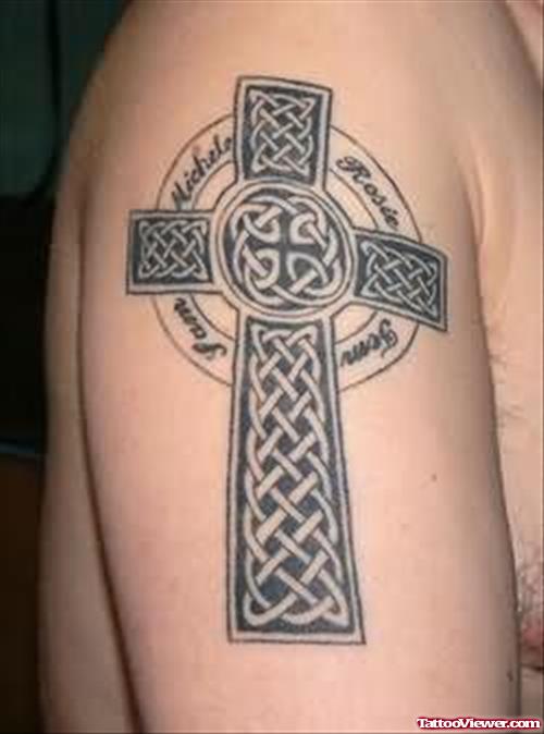 Cross Black Knot Tattoo On Shoulder