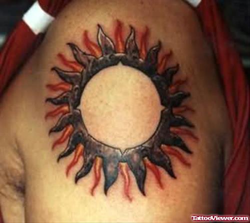 Sun Tribal Tattoo On Shoulder