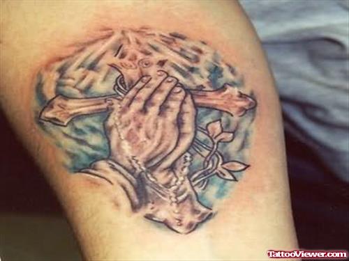 Cross & Hands Tattoo On Shoulder