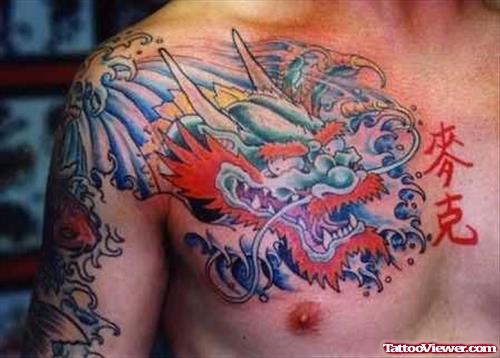Fantasy Colourful Tattoo On Chest & Shoulder