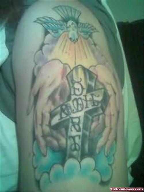 Angel Cross Tattoo On Shoulder