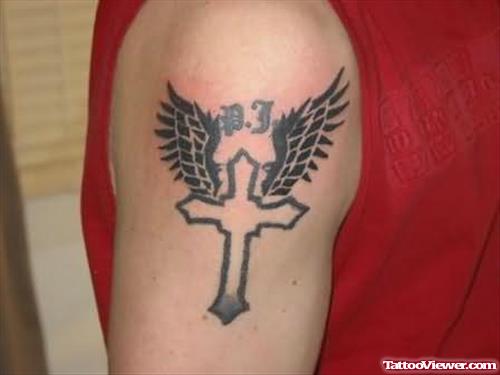 Wings Cross Tattoo On Shoulder