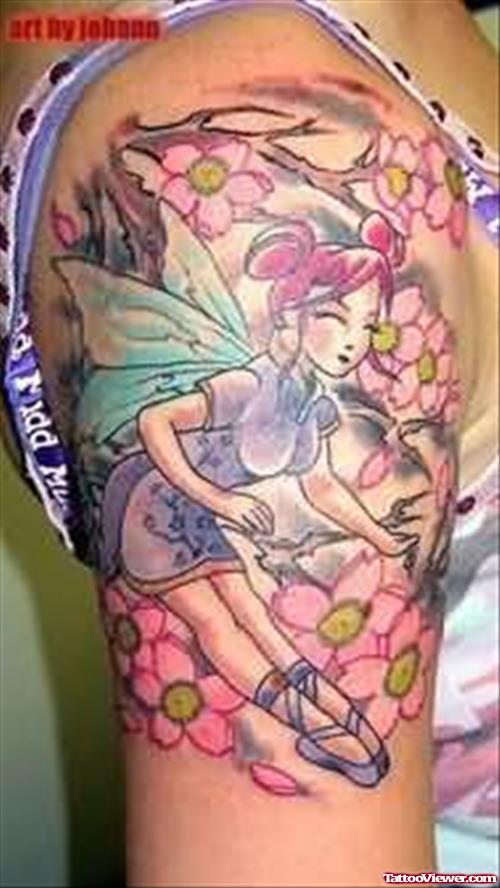 Fairy & Flowers  Tattoo On Shoulder