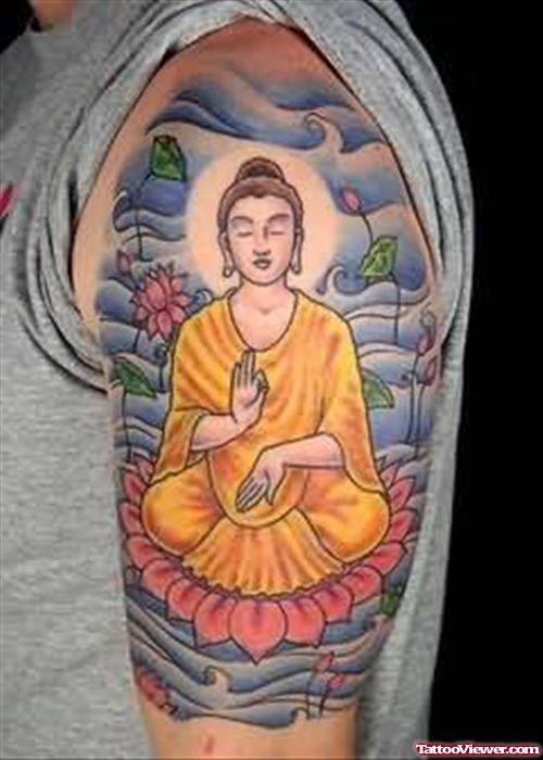 Mahatma Buddha Colourful Tattoo On Shoulder
