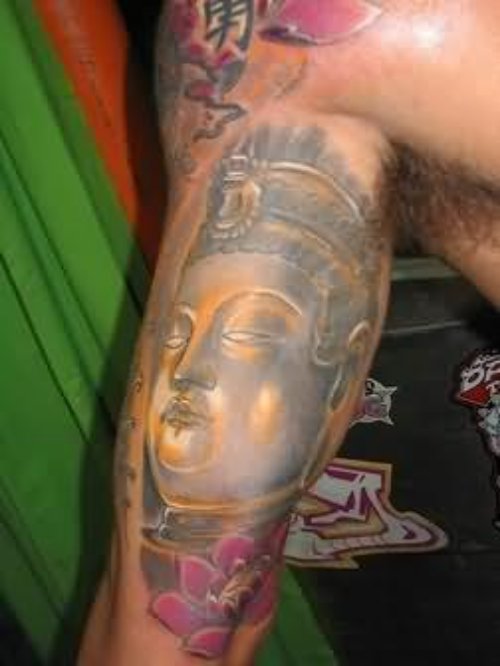 Mahatma Buddha Face Tattoo On Shoulder