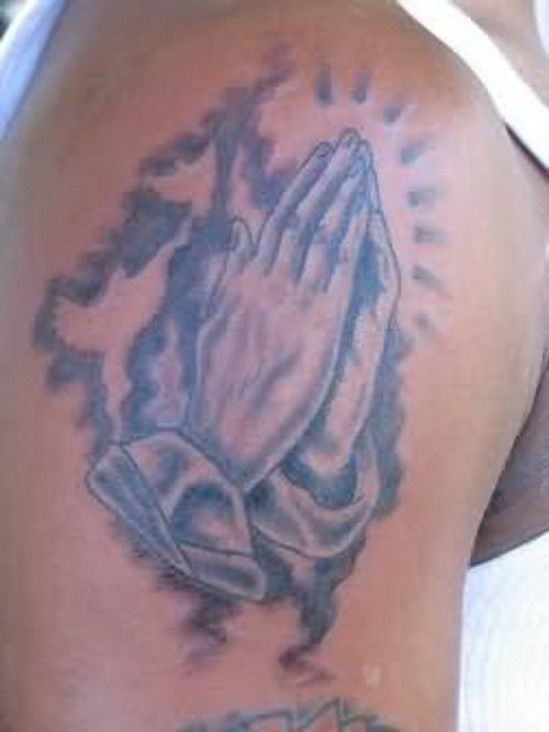 Praying Hands Charming Tattoo On Shoulder