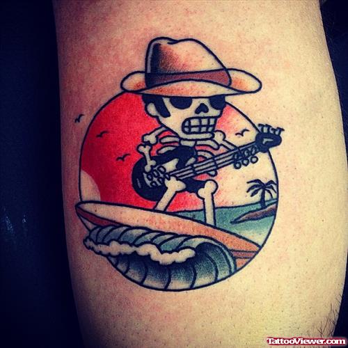 skeleton guitarist surfing tattoo