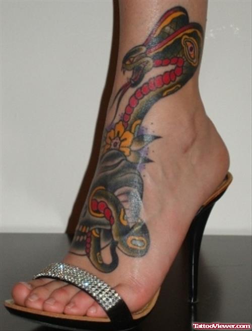 Skull & Cobra Snake Tattoo On Left Foot