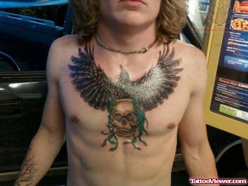Skull And Eagle Tattoo On Chest