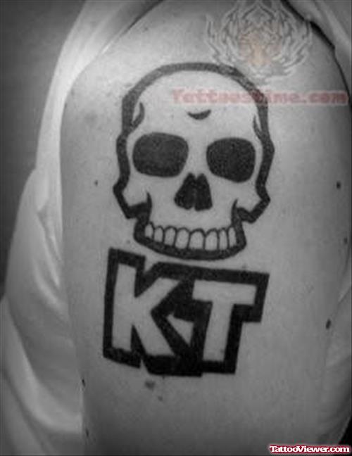 Black Ink Skull Tattoo On Shoulder
