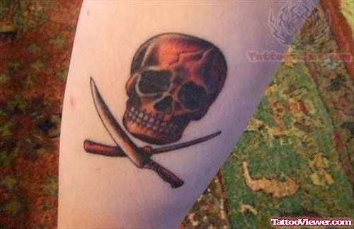 Knife And Skull Tattoo On Leg