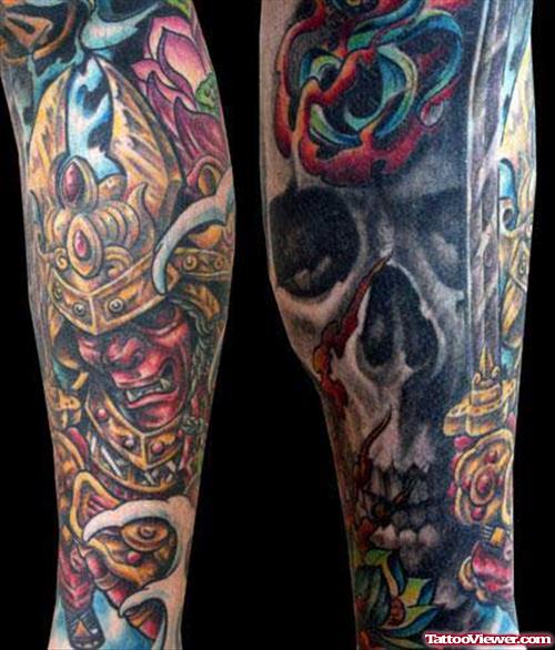 Warrior And Skull Tattoos On Sleeve