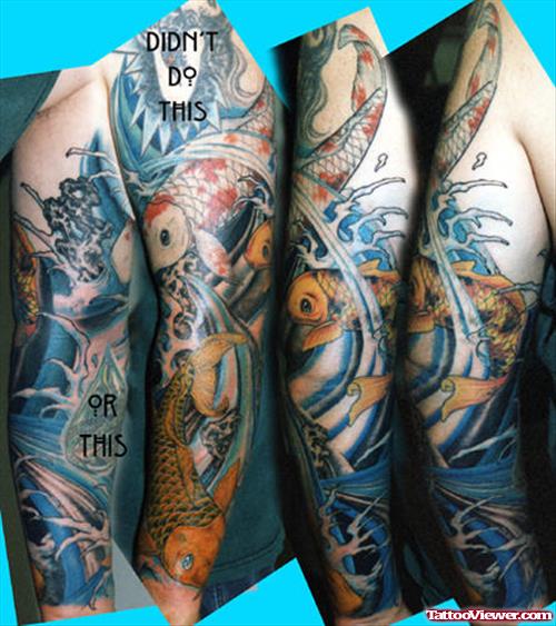 Tribal And Colored Koi Fish Sleeve Tattoos