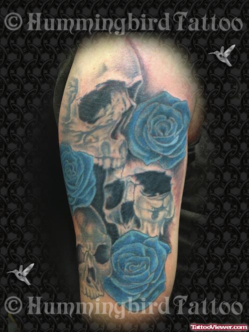 Skulls And Blue Rose Sleeve Tattoo