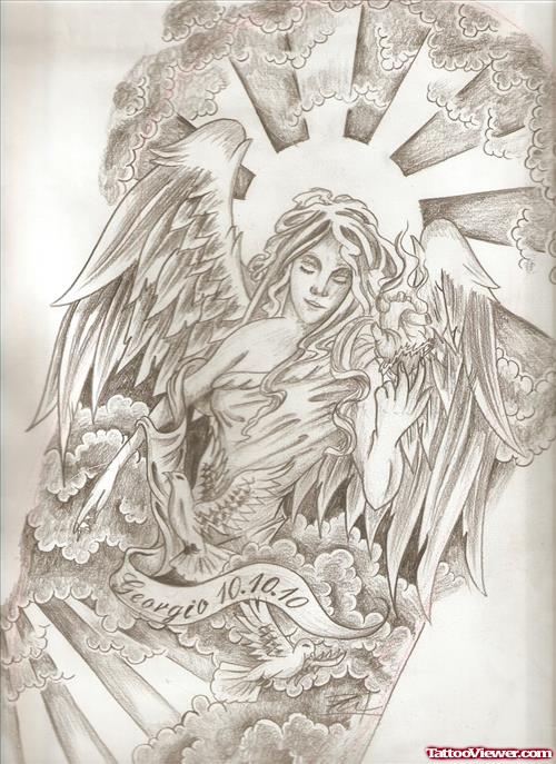 Religious Angel With Memorial Banner Sleeve Tattoo Design