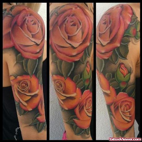 Red Rose Flowers Sleeve Tattoos