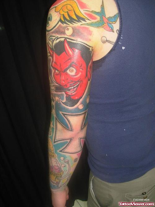 Red Demon Head Sleeve Tattoo