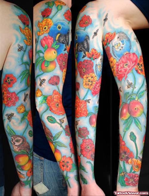 Parrot And Colored Flowers Sleeve Tattoos