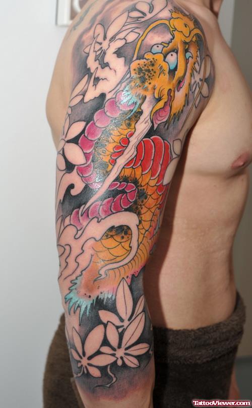 Japanese Dragon And Flowers Sleeve Tattoo