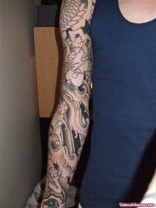 Grey Ink Japanese Sleeve Tattoo