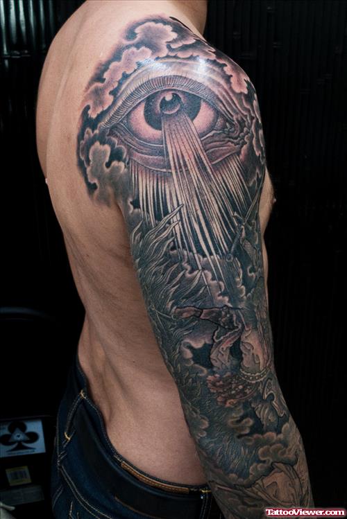 Grey Ink Eye And Tree Sleeve Tattoo