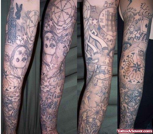 Cool Grey Ink Dotwork Sleeve Tattoo