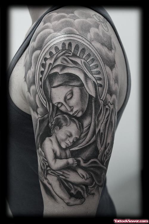 Virgin Mary With Baby Grey Ink Sleeve Tattoo