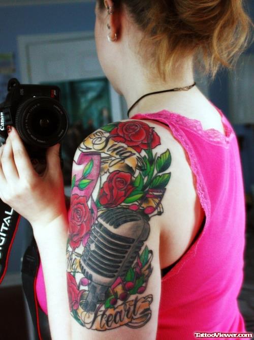 Red Roses With Mic Halfsleeve Tattoo