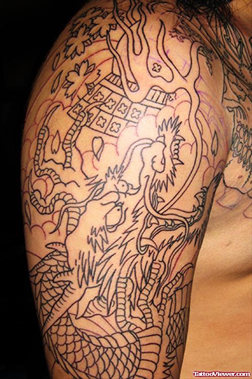Outline Dragon Sleeve Tattoo