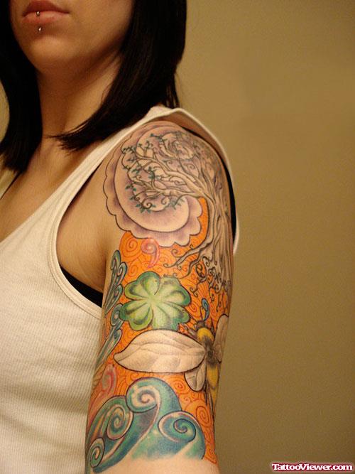 Grey Ink Tree And Flowers Sleeve Tattoo For Girls