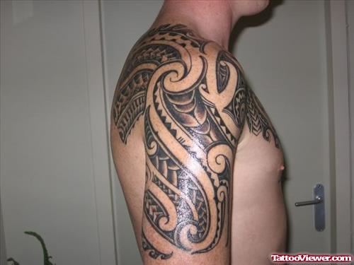Grey Ink Polynesian Sleeve Tattoo