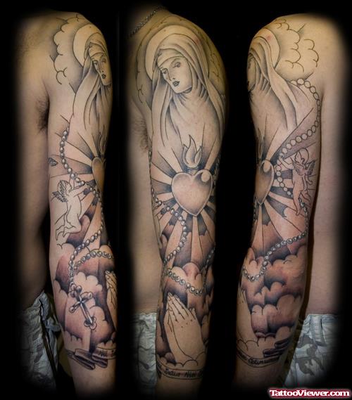 Grey Ink Angel And Praying Hands Sleeve Tattoo