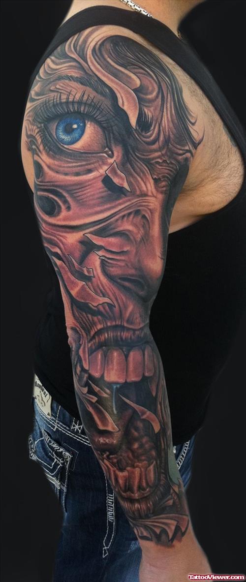 Demon Face Sleeve Tattoo