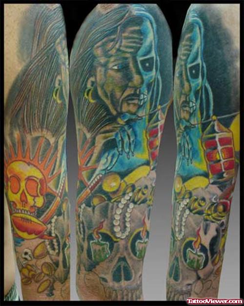 Colored Skull Sleeve Tattoo