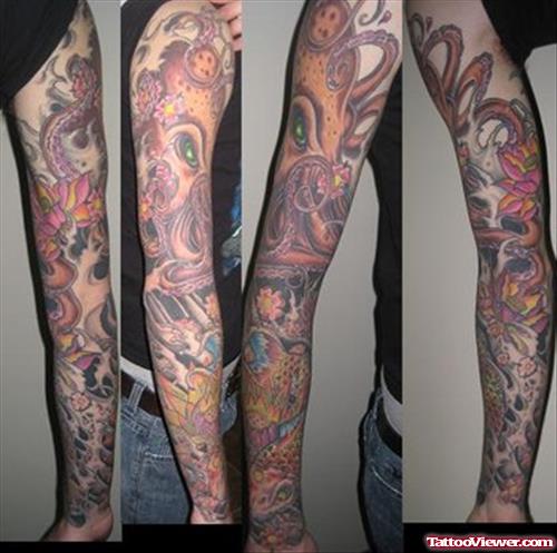 Colored Flowers And Octopus Sleeve Tattoos
