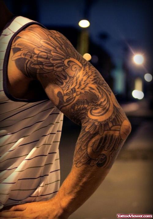 Attractive Grey Ink Sleeve Tattoo For Men