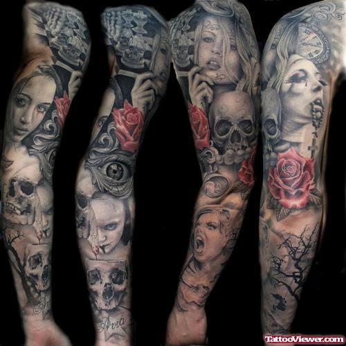 Rose And Skull With Girl Head Sleeve Tattoo