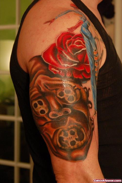 Red Rose And Skulls Sleeve Tattoo