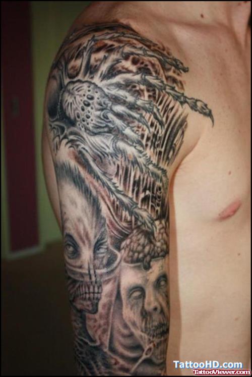 Grey Ink Zombie Skulls Sleeve Tattoo