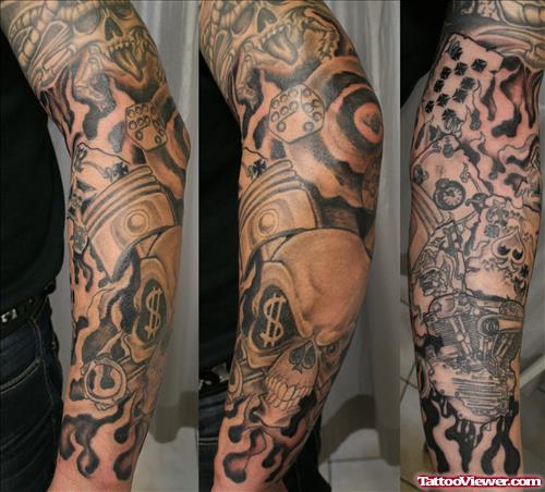 Grey Ink Dice And Mechanical Sleeve Tattoo