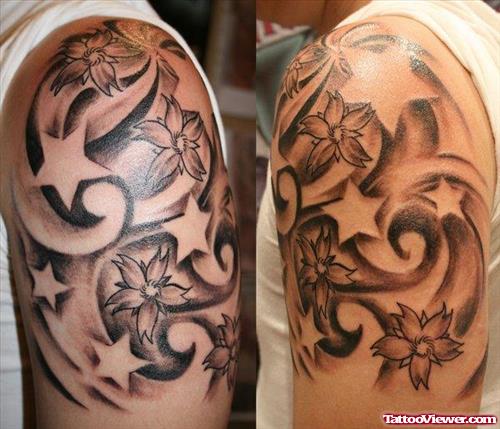 Stars and Flowers Sleeve Tattoo