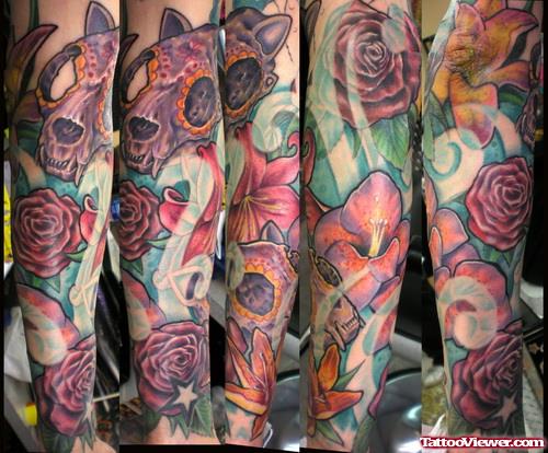 Rose Flowers And Animal Skull Sleeve Tattoo