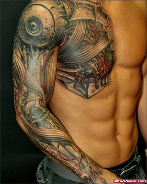Ripped Skin Sleeve And Chest Tattoo