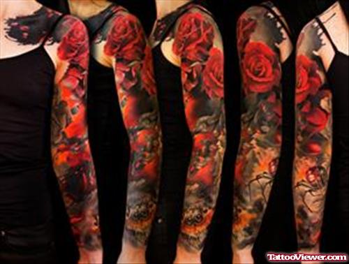 Red Roses And 3D Spider Sleeve Tattoo