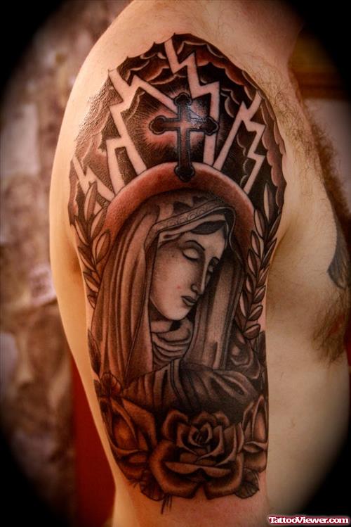 Grey Ink Virgin Mary With Cross And Flowers Half Sleeve Tattoo