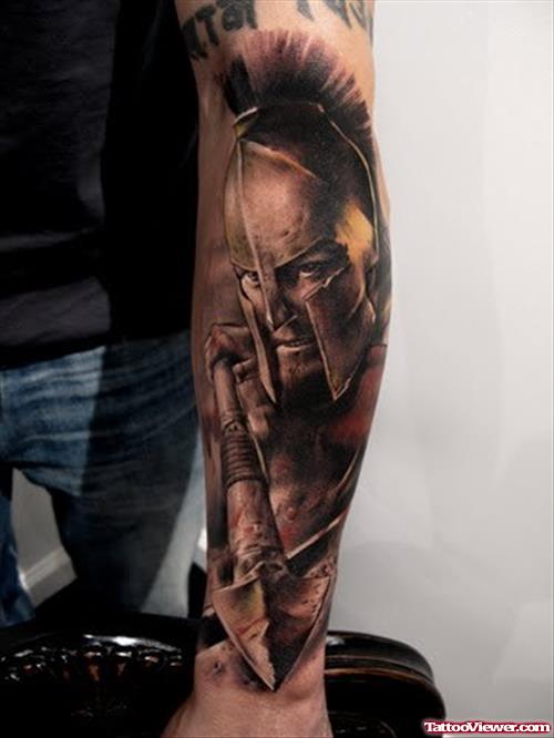 Grey Ink Soldier Sleeve Tattoo