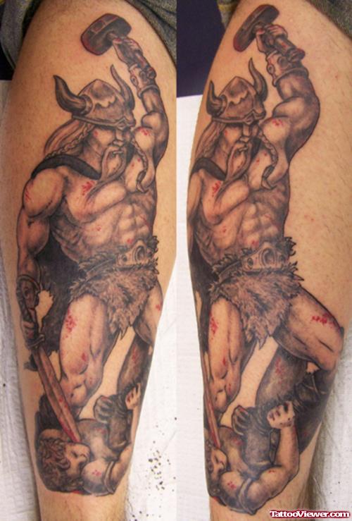 Viking With Sword And Hammer Sleeve Tattoo