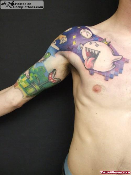 Super Mario Chest And Sleeve Tattoo