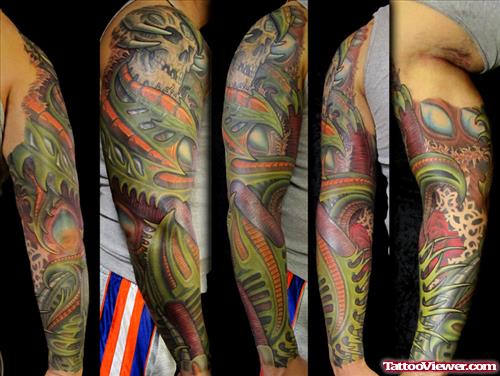 Skull And Colored Biomechanical Sleeve Tattoo