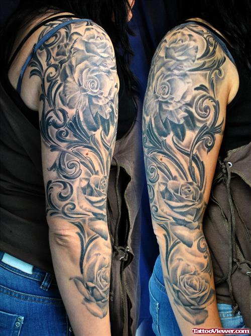 Rose Flowers And Tribal Sleeve Tattoo
